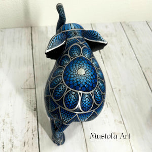 Large Blue Elephant Hand Carved and Painted by Mustofa Art