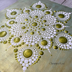 Green and Pearl 6 Point Mandala Painting on Wood Board by Christina Lee