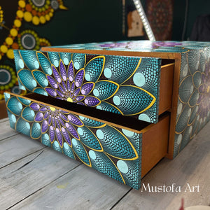 Beautiful Wooden Square Treasure Box Blue Flower Petal Motif by Mustofa Art