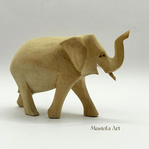 Unpainted Wooden Elephant Figurines Hand Carved by Mustofa Art