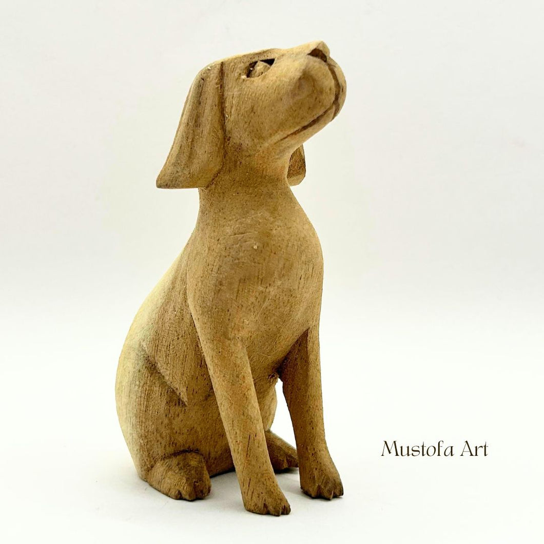 Unpainted Wooden Dog Figurines Hand Carved by Mustofa Art