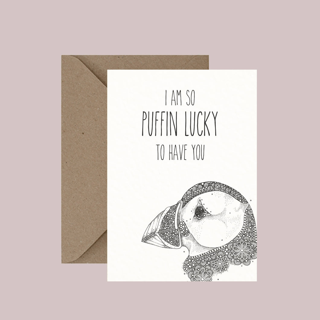 So Puffin Lucky - Pun Greeting Card