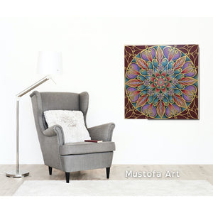 Beautiful 31.5" Mandala Painting Burgundy Background by Mustofa Art