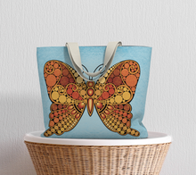 Load image into Gallery viewer, Orange Butterfly with Blue Background Lined Tote Bag
